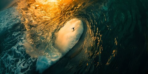 Lone surfer conquering a massive wave at sunset. dynamic ocean scene captures the essence of adventure. perfect for extreme sports content. AI