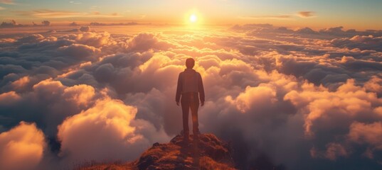 Man standing at the top with sunset cloudscape panoramic background. Generative AI technology.	
