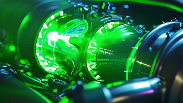 A closeup of a neon green light illuminating a turbocharger giving it an otherworldly glow and emphasizing its importance in the engines performance.