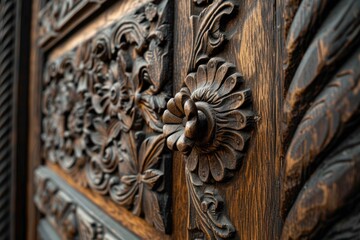 Wooden carved door close-up.