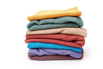 Stack of clean clothes on white background.