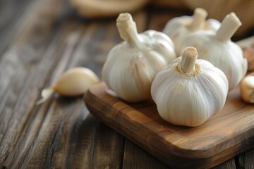 Garlic whole and sliced on a wooden table. Antibacterial, boosts immunity.