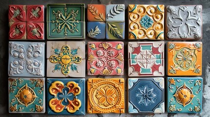 Beautiful colourful handmade ceramic tile with various ornament.
