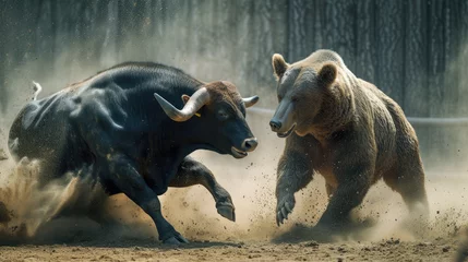 Foto op Plexiglas A bull and bear fighting. Stock market price trends bullish or bearish trading © Sattawat