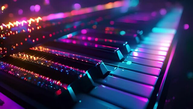Closeup shots of the keys on a synthesizer their colorful and intricate patterns moving in sync with the music being played creating an atmospheric and visually striking scene.