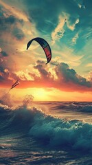 Kiteboarding sport. Summer background . Vertical background 