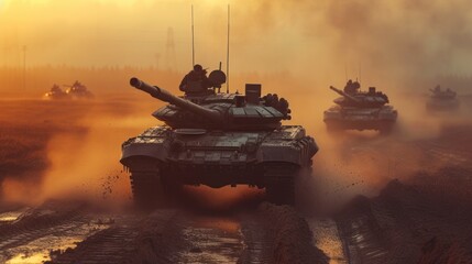 Armored tanks in the middle of a battlefield,copy space.