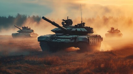 Armored tanks in the middle of a battlefield,copy space. - obrazy, fototapety, plakaty