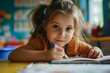girl draws with violet felt-tip pen in notebook in class at school or kindergarten - obrazy, fototapety, plakaty