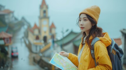 Young female tourist using a map while traveling abroad - obrazy, fototapety, plakaty