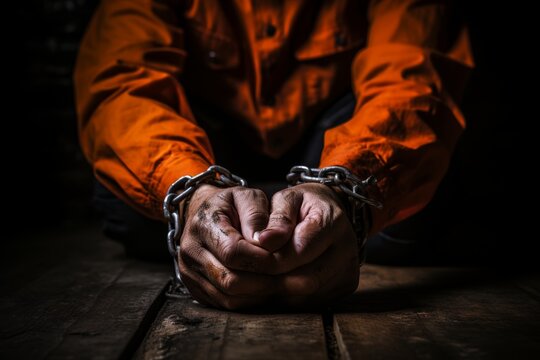 Close-up of rough male hands chained with iron shackles, symbolizing captivity and imprisonment