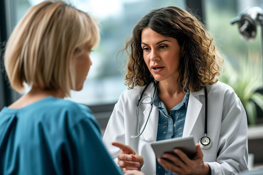 female doctor talking while explaining medical treatment with digital tablet to woman patient in consultation in clinic