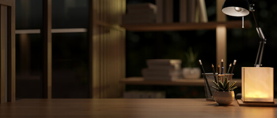 A cozy room at night with a wooden table featuring a designated space for displaying your product.