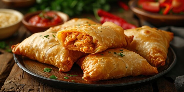 Samosa featuring a savory filling of chicken, minced meat, potato, and vegetables, presented on a wooden background.