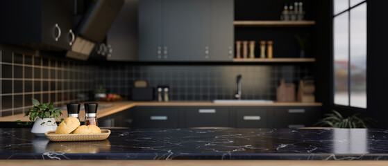 A space for displaying your product on a black marble kitchen countertop in a modern black kitchen. - obrazy, fototapety, plakaty