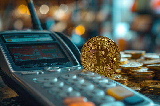 Calculator stands next to a pile of shiny gold Bitcoin coins, demonstrating the relationship between financial calculations and the accumulation of crypto wealth.