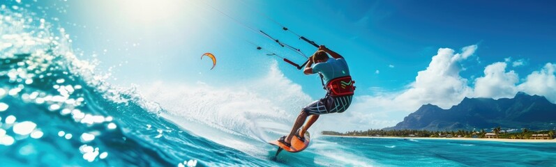 Kiteboarding sport. Summer background . Banner - obrazy, fototapety, plakaty