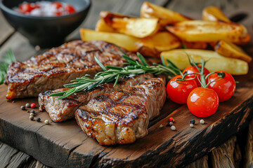 grilled beef steak and potatoes on wooden cutting board, selective focus - Powered by Adobe
