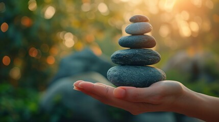 A hand holding a stack of zen stones against a green blurred background, evoking a sense of calm and tranquility amidst nature.