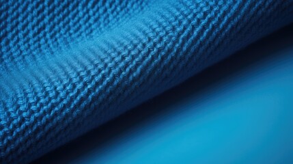 The texture of the knitted fabric. The yarn is blue in color. Close-up of the rows and patterns of the knitted product. - obrazy, fototapety, plakaty