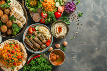 dishes Middle Eastern or Arabic, assorted meze, meat kebab, falafel, baba ganoush, hummus,...