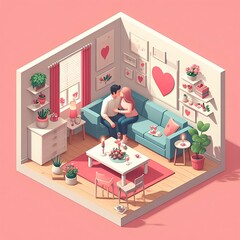 Isometric romantic young couple kissing on the sofa in the living room at home