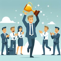 Employee Appreciation Day concept. Success businessman holding a trophy above his head as his coworkers erupt in applause around him. 
