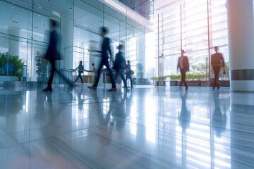 Blurred motion of people walking in a modern office