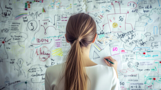 Businesswoman with paper drawing marketing plan paper for planning creative advertising ideas and thinking of reminders on board. A businesswoman with plan for startup company at work - Powered by Adobe