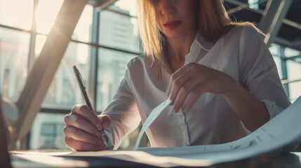 Businesswoman with paper drawing marketing plan paper for planning creative advertising ideas and thinking of reminders on board. A businesswoman with plan for startup company at work