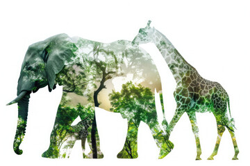 double exposure effect of a lion walking and green jungle. World wildlife day