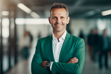Fototapeta premium happy businessman ceo, man, standing in office arms crossed, in green jacket and white shirt, unshaven