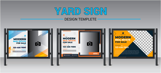 Home sale business real estate company ads, yard sign, signage design vector template for outdoor advertising multiple color version red orange navy blue
