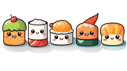 Obraz premium Smiling Sushi Delight: Kawaii Japanese Rolls in Adorable Cartoon Style, Perfect for Culinary Designs and Asian Cuisine Concepts
