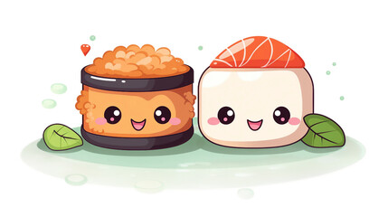 Smiling Sushi Delight: Kawaii Japanese Rolls in Adorable Cartoon Style, Perfect for Culinary Designs and Asian Cuisine Concepts