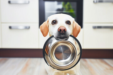 hungry dog with sad eyes holds in teeth empty food metal bowl is waiting for feeding on kitchen - obrazy, fototapety, plakaty