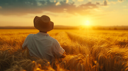 A farmer in a straw hat in a wheat field, leaning on a scythe, under golden sunset light, with an endless wheat field in the background.