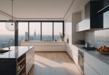Stunning Modern Minimalist Kitchen with Panoramic City View and Stylish Design