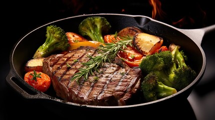 American food concept. Grilled beef steak with grilled vegetables, with carrots, cherry tomatoes, broccoli, in a cast iron pan. copy space for text.