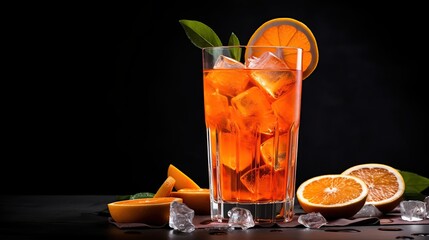 Aperol Spritz aperitif with oranges and ice in glass with eco-friendly glass straw on concrete table, black background, summer refreshing drink concept.