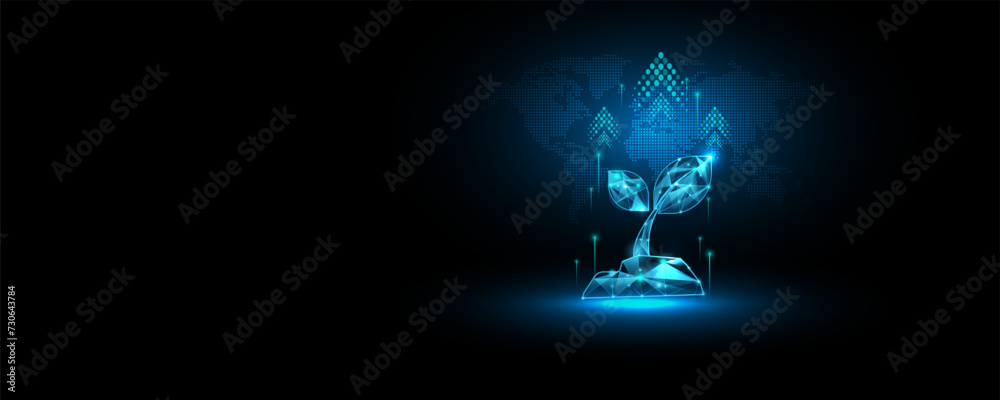 Wall mural concept background image of world technology network and sapling growth