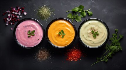 Assortment of colored vegetable cream soups. Dietary food. On a black stone background. Top view. copy space for text.