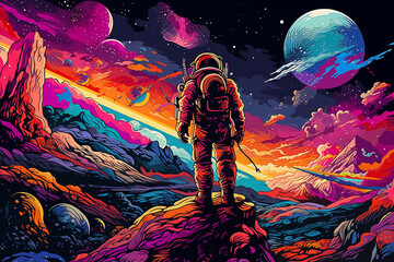 AI-Generated Astronaut Exploring Vibrant Cosmic Landscape: A Surreal Pop Art Odyssey - obrazy, fototapety, plakaty