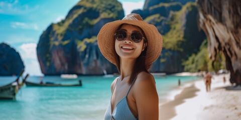 Obraz premium Young asian woman enjoying her holidays alone
