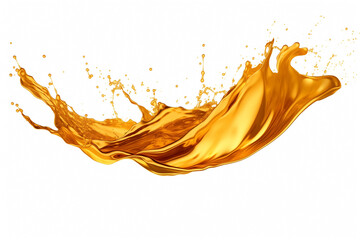 splashes of gold shiny liquid or juice or oil, flying, soaring isolated on white background