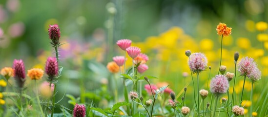 Obraz na płótnie Canvas Biodiversity and landscaping in garden flower beds with wild trifolium flowers.
