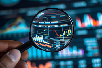 拡大鏡の虫眼鏡で経済や株価、業績のチャートグラフにピントを合わせている
