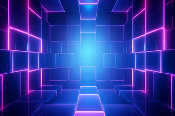 neon light fluorescent glowing abstract blue violet dark perspective, rectangular shapes, rounded, exhibition background