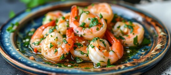 Shrimp cooked with garlic and parsley served on a ceramic plate.