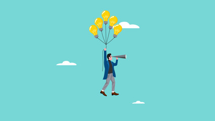 see business opportunity with knowledge, business skill for career opportunity, education for career success, businessman flying using a light bulbs balloon while looking at business opportunity